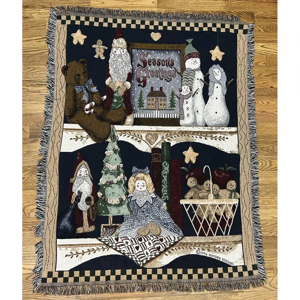 Seasons Greetings Santa &‎ Snowmen Christmas Tapestry Afghan Throw Blanket 50x65